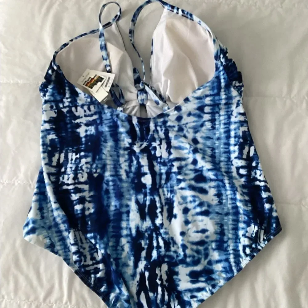 NWT Sz 22 Time Tru tie dye one piece swimsuit, blue, lined, w bust pads.
